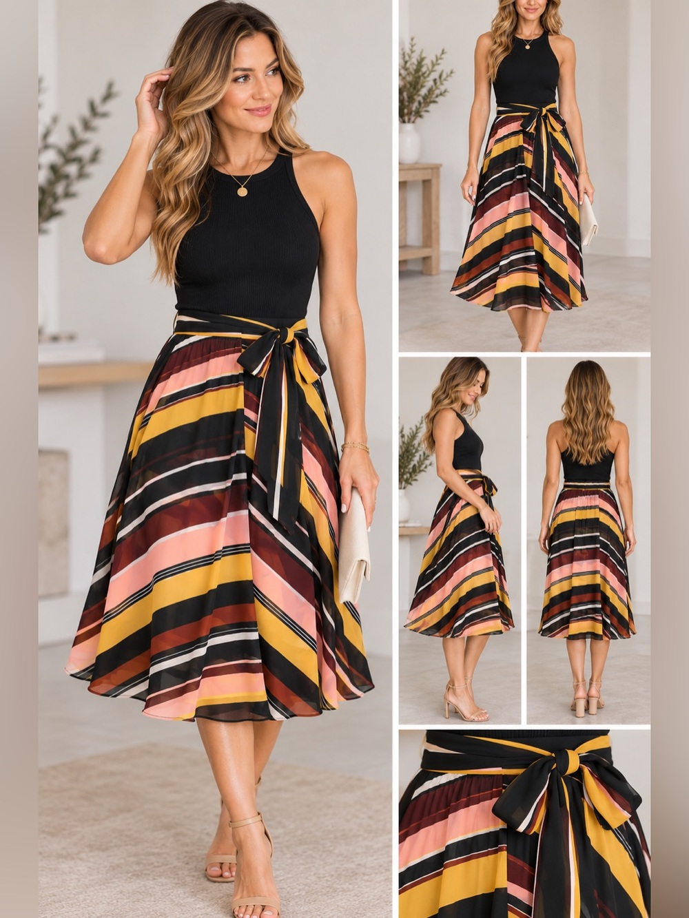 Flint & Moss NY Striped Midi Wrap Skirt Dress - Black & Multicolor NWT Med $58